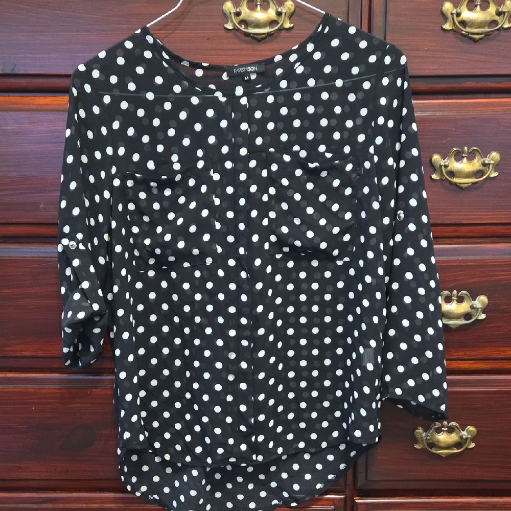 Papermoon Black and White Polka Dot 3/4 Sleeve Sheer Blouse Size M
